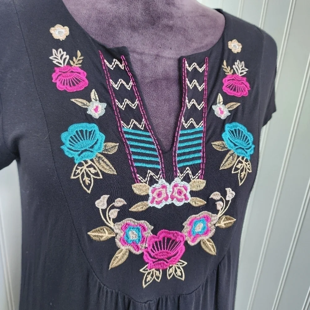 Design History Dress Womens Black Jersey Stretch Knit Floral Embroidered Sz S